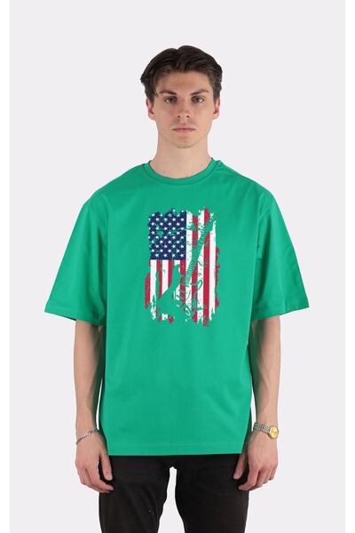 GreenMint تي شيرت أخضر برقبة دائرية مقاس كبير تي شيرت جيتار كهربائي بعلم أمري...