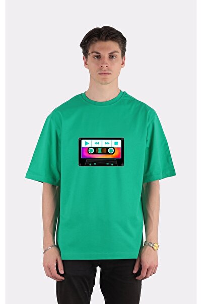 GreenMint تي شيرت أخضر كبير الحجم برقبة دائرية 80s كاسيت موسيقى كلاسيكي Tape_...