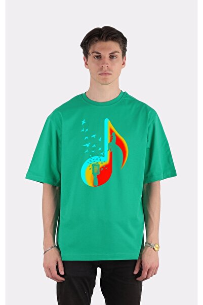 GreenMint تي شيرت أخضر كبير الحجم برقبة دائرية ومشغل موسيقى Singer_em2181