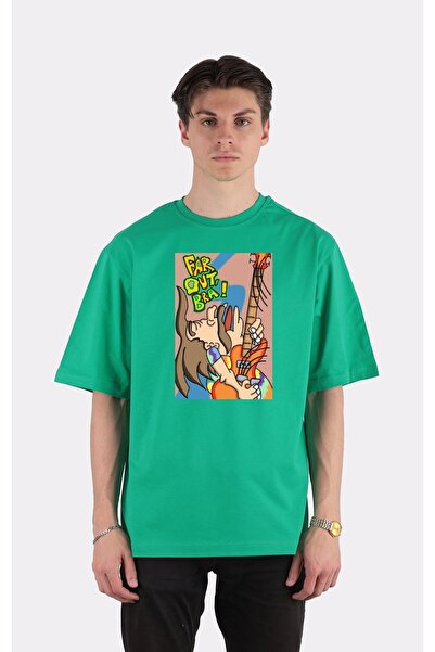 GreenMint تي شيرت أخضر كبير الحجم برقبة دائرية هيبي جيتار جامز 2!_em1692