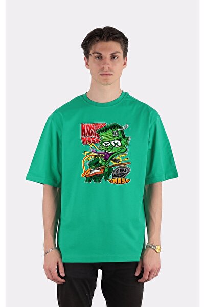 GreenMint تي شيرت أخضر برقبة دائرية مقاس كبير فرانكنشتاين على الجيتار_em1402