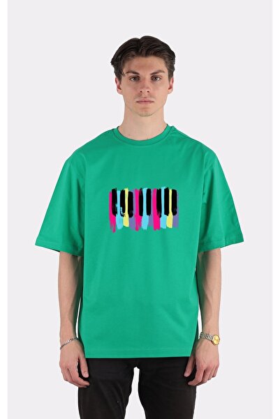 GreenMint تي شيرت أخضر كبير الحجم برقبة دائرية وألوان موسيقية_em1952