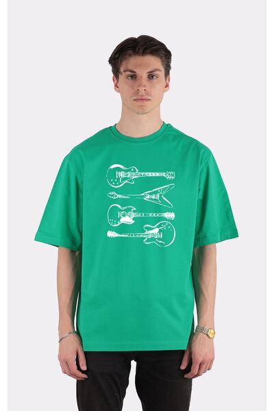 GreenMint تي شيرت أخضر كبير الحجم برقبة دائرية، رائع مرسومة يدويًا، جيتار كهر...