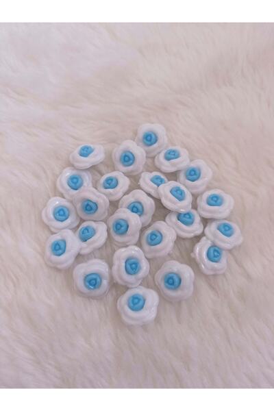 EL YAPIMI 10'lu Bebek Yeleği Bebe Mavisi Çiçekli Düğme Seti 1.5 Cm