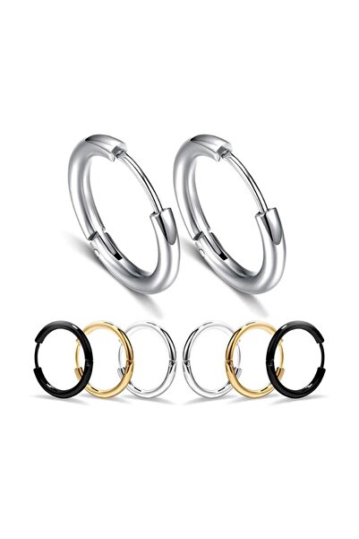 Baykuş 3-Piece Titanium Steel 3-Color Earring Set Black - Non-Tarnish Stainless Earring Set