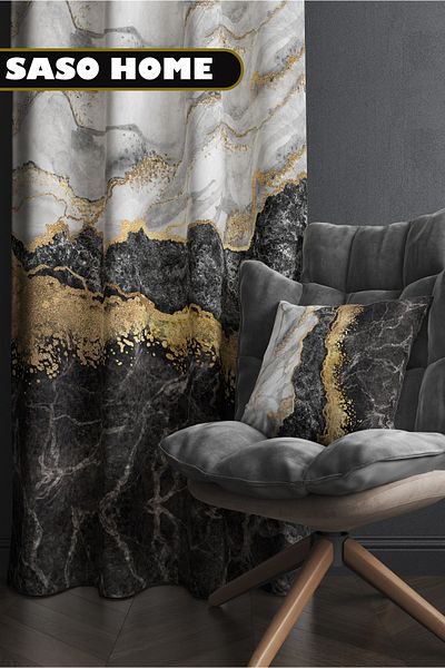 SasoHome Μαύρο - Γκρι - Λευκό Μαρμάρινο Μοτίβο 140 X 270 cm Ψηφιακή τυπωμένη κουρτίνα φόντου ((One Wing ))