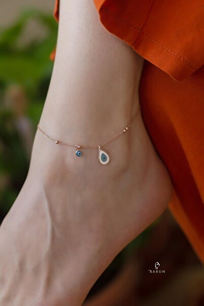 BY BARUN SİLVER Halhal Nazar Göz Boncuğu Mineli Damla Ayak Bilekliği 925 Ayar Gümüş Pembe Rose Zincir Halhal