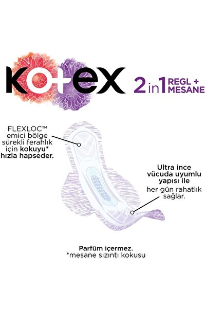 Kotex 2 In 1 Regl + Ultra Uzun Mesane Pedi 12'li Günlük Ped