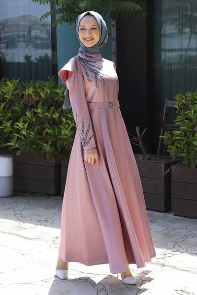 Modamihram Stoned Burnt Patterned Evening Dress, Dusty Rose
