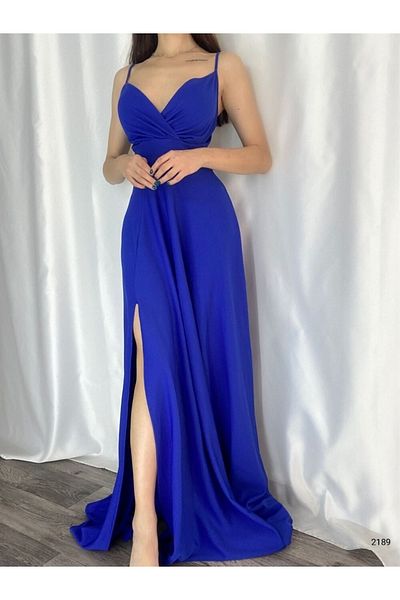 Mekafashion Βραδινό φόρεμα Talia Rope Strap με διπλό γιακά με σχισμή 582189 Saks Blue