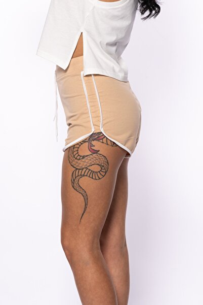 Grenj Fashion Beige Two Thread Striped Mini Shorts