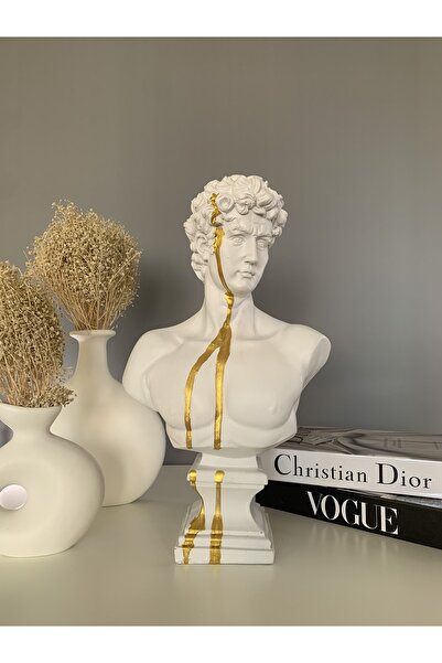 LivadoHome Büyük David Beyaz Altın Çizgi Dekoratif Heykel