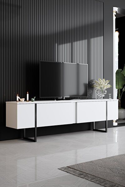 Modatte Luxe Siyah Demir Ayaklı Beyaz Tv Sehpası Tv Ünitesi_tymd253