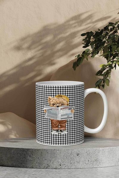 Gizeo Concept Houndstooth Pattern Reading Newspaper Teddy Mug