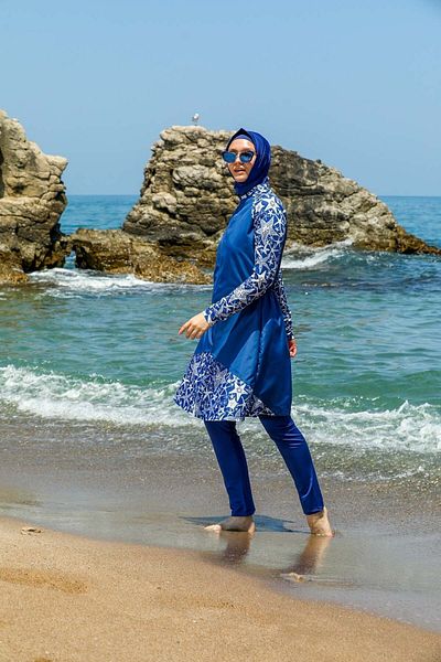 Elif Okur Full Covered Micro Hijab Swimsuit Indigo 7501