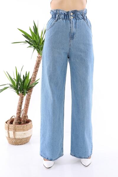 MAKRAS EXCLUSIVE Kadın Beli Lastikli Bol Paça Palazzo Jeans