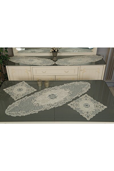 Asya Çeyiz Dükkanı طقم مفرش طاولة لغرفة المعيشة مكون من 5 قطع من القطيفة الفر...