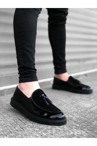 BPM BA0005 - Black Suede Detailed Corcik Men's Shoes with High Sole and Tassels