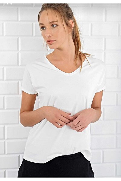 Serüven Sport Super Quality V-Neck Women's T-Shirt Solid Color Black And Whit...