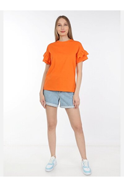 Neslice in İstanbul Women's Orange Loose Cut Ruffle T-shirt