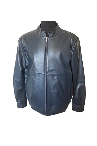 asus deri Merlin - Genuine Leather Men's Navy Blue Jacket with Judge Collar
