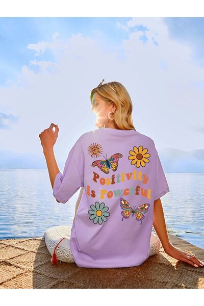 Deocept Tricou oversize cu imprimeu pozitiv liliac de damă