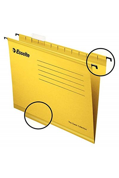 Esselte Classic Hanging File, A4, Yellow, 25 Pack, Tabs Included, 90314