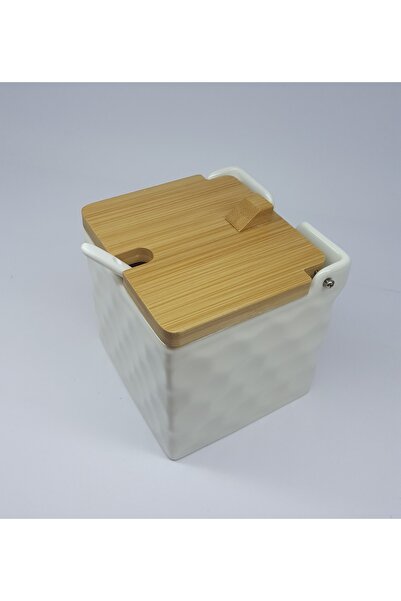 GÜVENEVİ Porcelain Salt Storage Container with Spoon - Porcelain Sugar Storage Jar