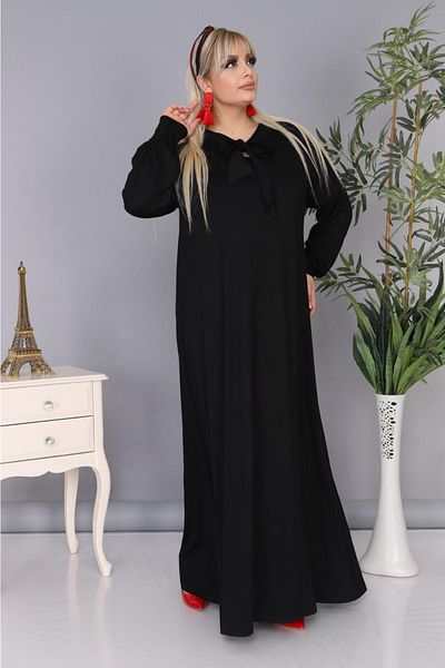 Mami Standard Plus Size Black Tie Collar Casual Fit Viscose Combed Cotton Dress