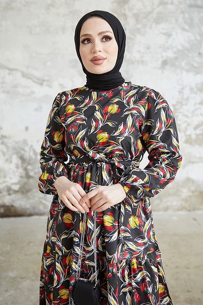 InStyle Φόρεμα Felara ζωσμένο με floral σχέδιο - μαύρο