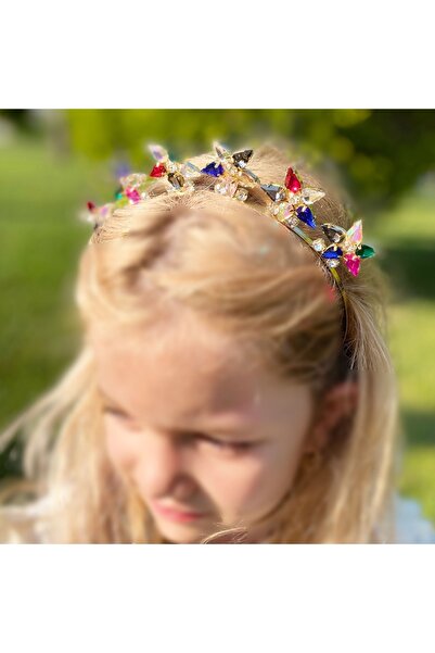 QUEEN AKSESUAR Crystal Stone Upright Queen Flower Motif Metal Luxury Crown Henna Engagement Adult Crown Colorful