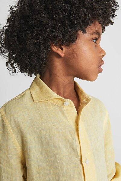 alenmeza Cămașă galbenă pentru băiat, 100% in, cu ajustare modernă, fără buzunar