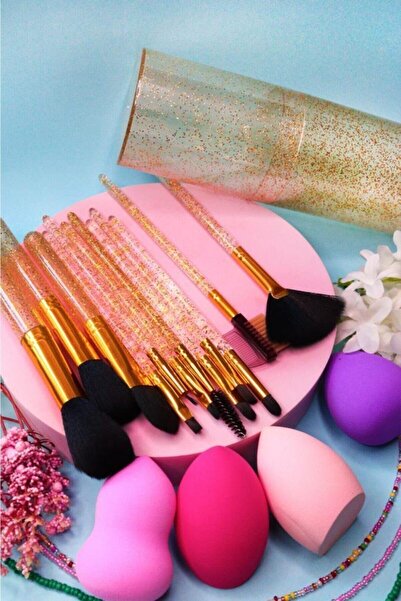 MUJGAN 2'li Makyaj Fırçası Seti 12'li Sarı Simli Silindir Fırça + 4'lü Armut Sünger