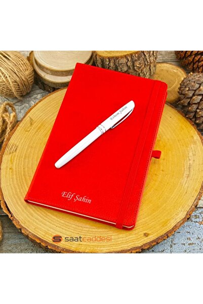 PİGADO Isme Özel Termo Deri Kırmızı Defter Roller Kalem Set