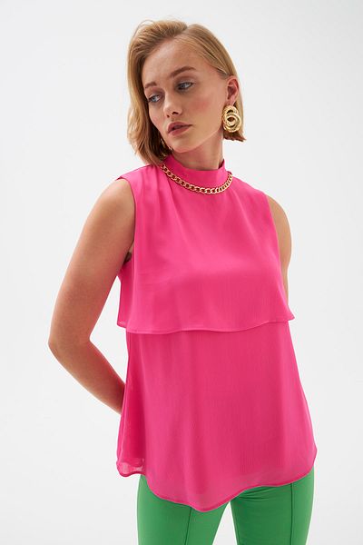 Sateen Bluză cu volan cu detaliu de accesorii - fucsia
