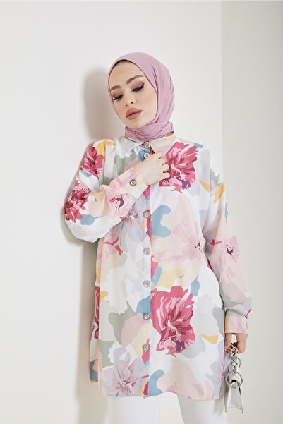 benguen 8880 Patterned Hijab Shirt Dusty Rose