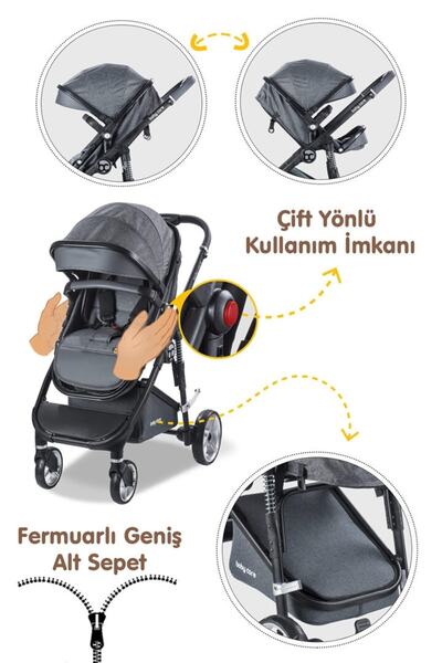 Baby Care Bc 420 Colarado Cross - Travel Pusetli Amortisörlü Bebek Arabası - Gri