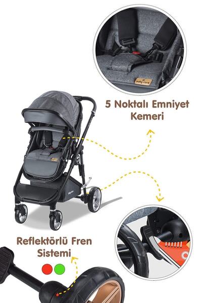 Baby Care Bc 420 Colarado Cross - Travel Pusetli Amortisörlü Bebek Arabası - Gri
