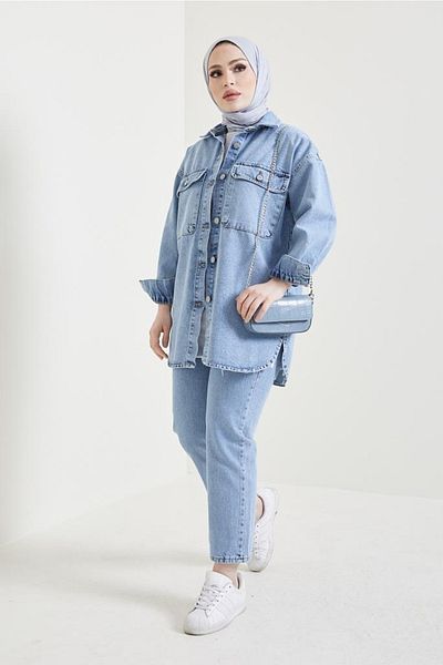 benguen 8175 Jacket Trousers Hijab Double Jeans Set Blue