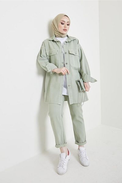 benguen 8175 Jacke Hose Hijab Double Denim Anzug Çağla