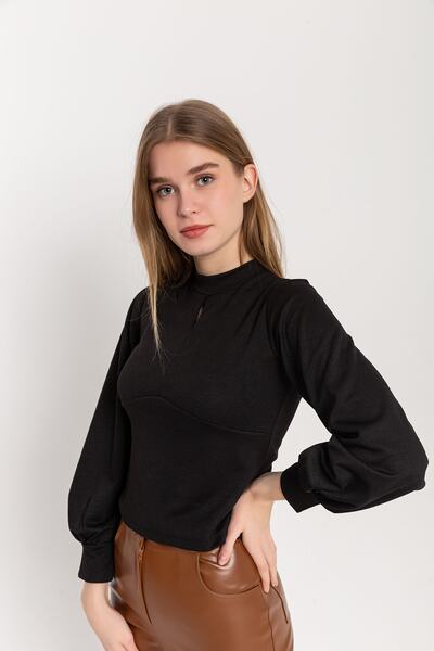 HAKKE Drop Front Balloon Sleeve Crepe Blouse