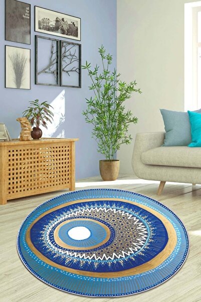 Viva Home Yuvarlak Nazar Boncuğu Dekoratif Kaymaz Tabanlı Yıkanabilir Leke Tutmaz Antre Mutfak Halısı Ar1315