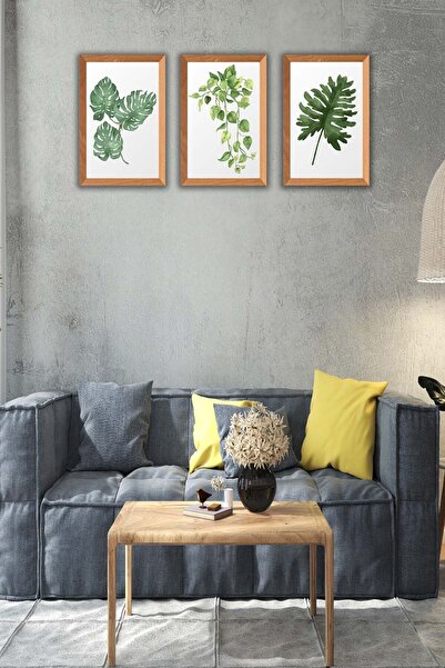Conceptione 3 Parça Bohem Tarzı Yaprak Ahşap Çerçeve Görünümlü Tablo Seti