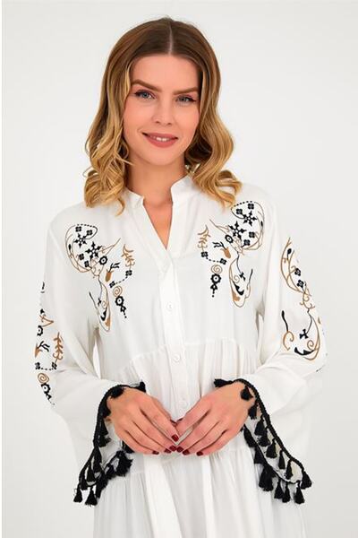 AYASOFYA OTANTIK Γυναικείο Λευκό Φόρεμα με Λεπτομέρειες