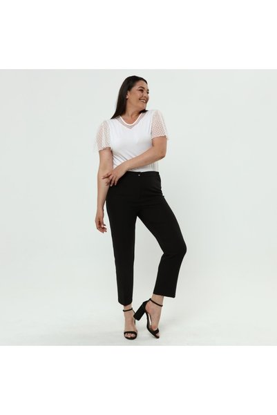 DİVAL Women's Black Elastic Waist Plus Size Dumbbell Fabric Trousers