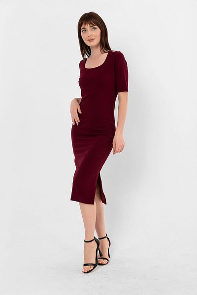Laranor Burgundy Ballerina Collar Slit Detailed Crepe Pencil Dress