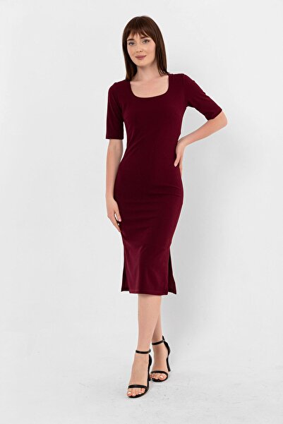 Laranor Бордовий балериновий комір з розрізом, крепове плаття-футляр