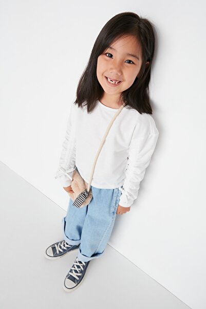 TRENDYOLKIDS Pletená mikina Ecru Sleeve Gathered Crew Neck