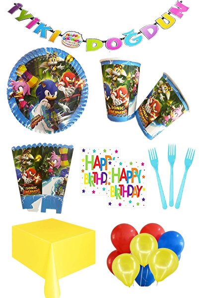 Parti dolabı 8 Kişilik Sonic Boom Iyi Ki Doğdun Yazılı Lüks Doğum Günü Parti Seti Süper Sonik