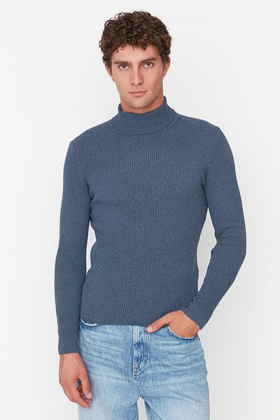 Trendyol Collection Πλεκτό πουλόβερ Indigo Slim Fit Βαμβακερό ζιβάγκο με ραβδώσεις TMNAW20MG0031